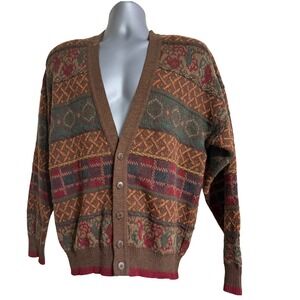 The Italian Sweater Co. Men's Geometric Pattern V-Neck Cardigan Brown Multi Sz M